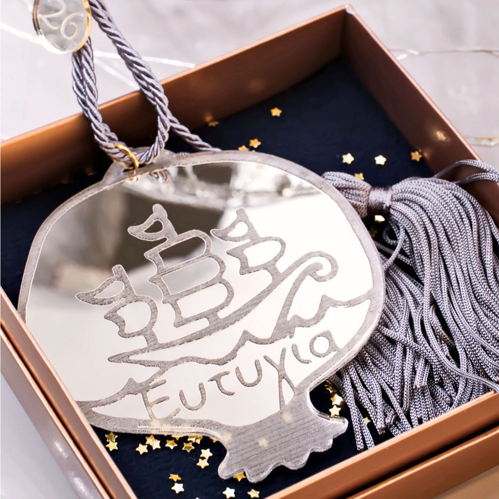 Ασημί Κρεμαστό Γούρι 2026 - Ρόδι σε Κουτί Δώρου