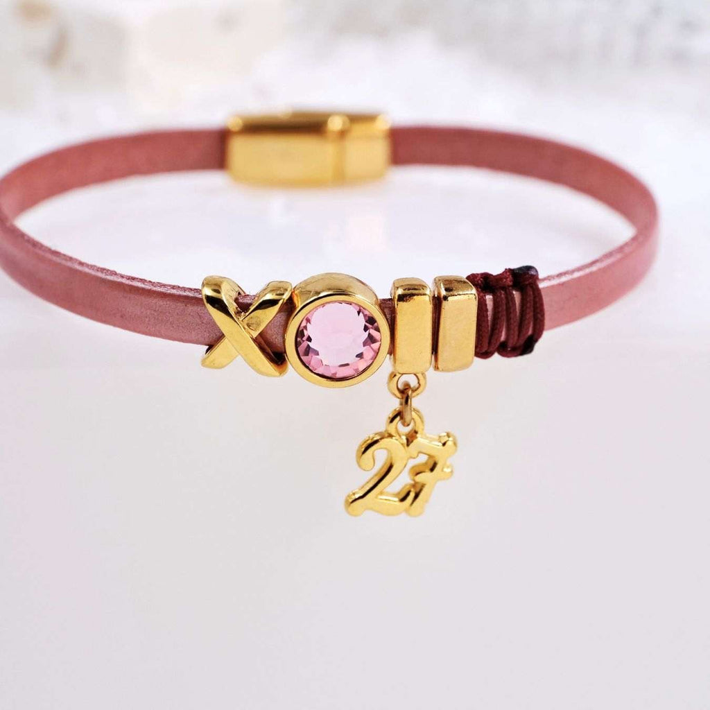 Δερμάτινο Βραχιόλι Γούρι με Κρύσταλλο Swarovski - Salmon