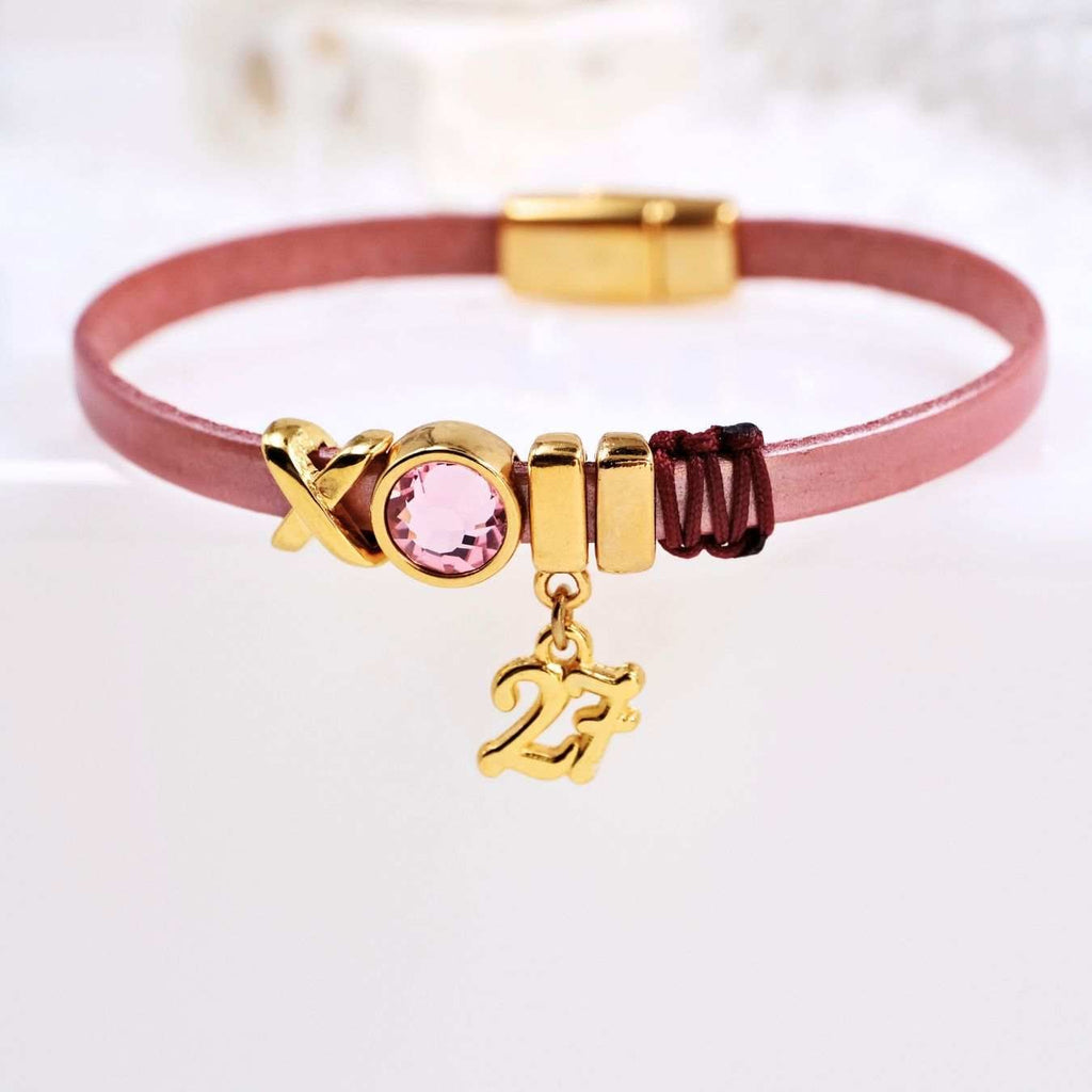 Δερμάτινο Βραχιόλι Γούρι με Κρύσταλλο Swarovski - Salmon