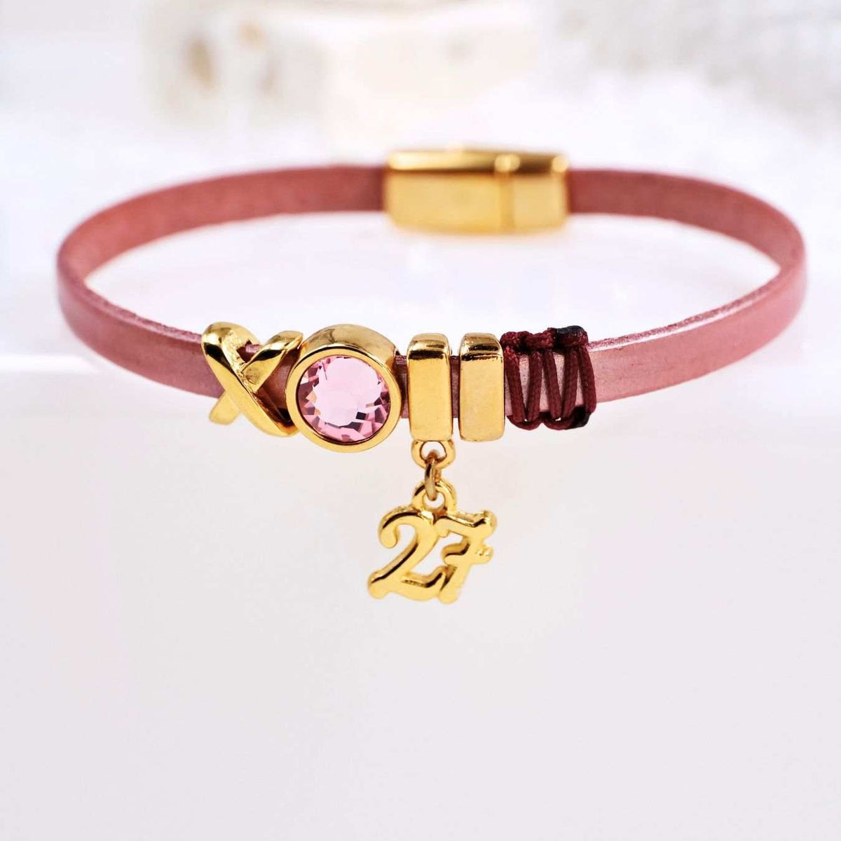 Δερμάτινο Βραχιόλι Γούρι με Κρύσταλλο Swarovski - Salmon